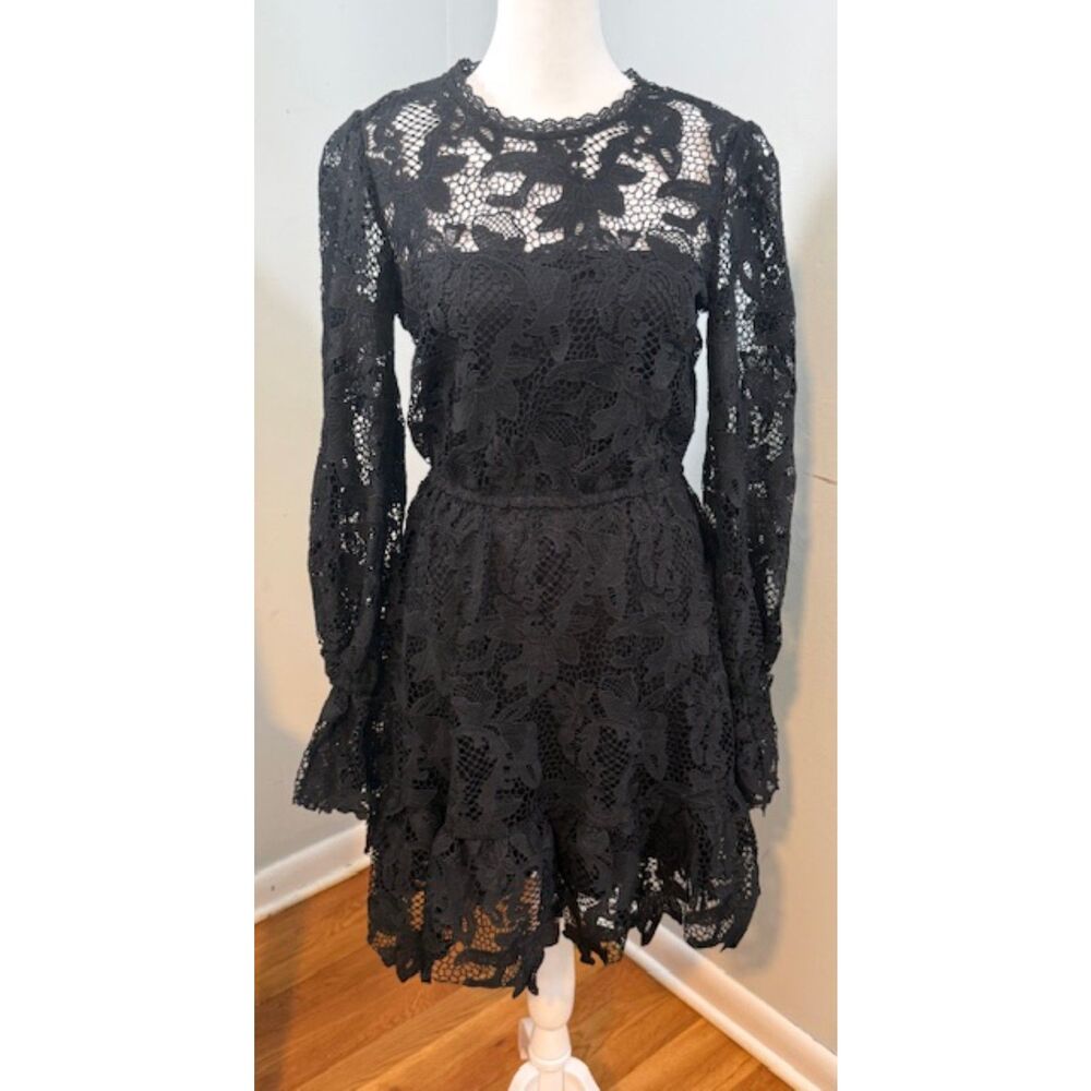 Aqua Black Lace Long Sleeve Midi‎ Dress XS Floral Lace Great Cond Whimsygoth